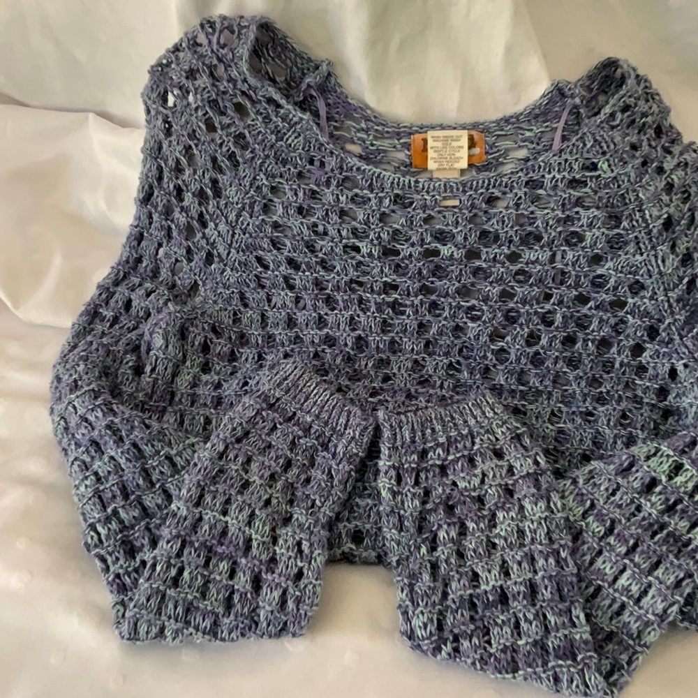 Mudd Crop Crochet Sweater Sz L Blue Scoop Neck